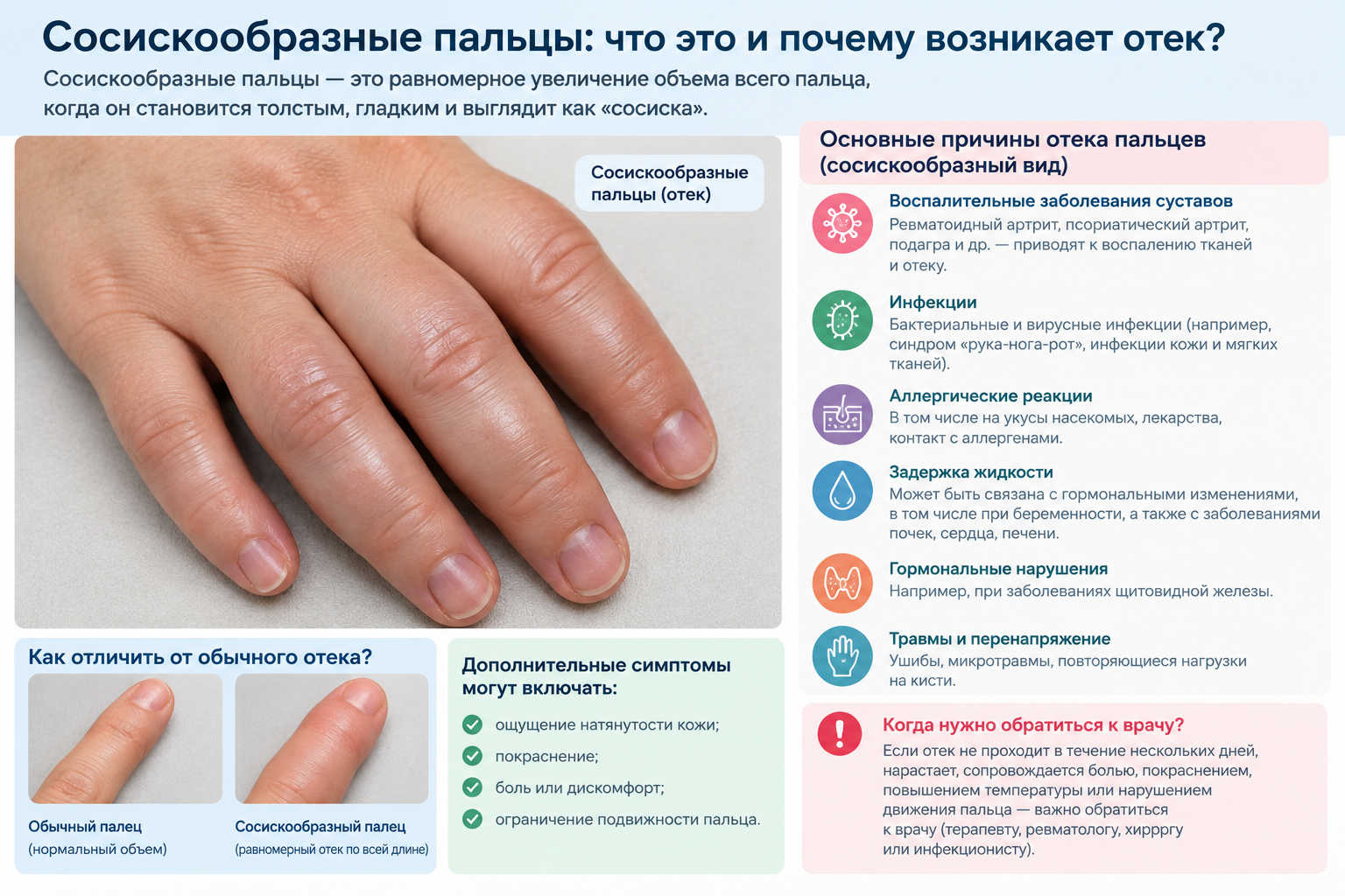 «Сосискообразная» деформация: почему пальцы на руках отекают и становятся похожи на сосиски «Сосискообразная» деформация: почему пальцы на руках отекают и становятся похожи на сосиски